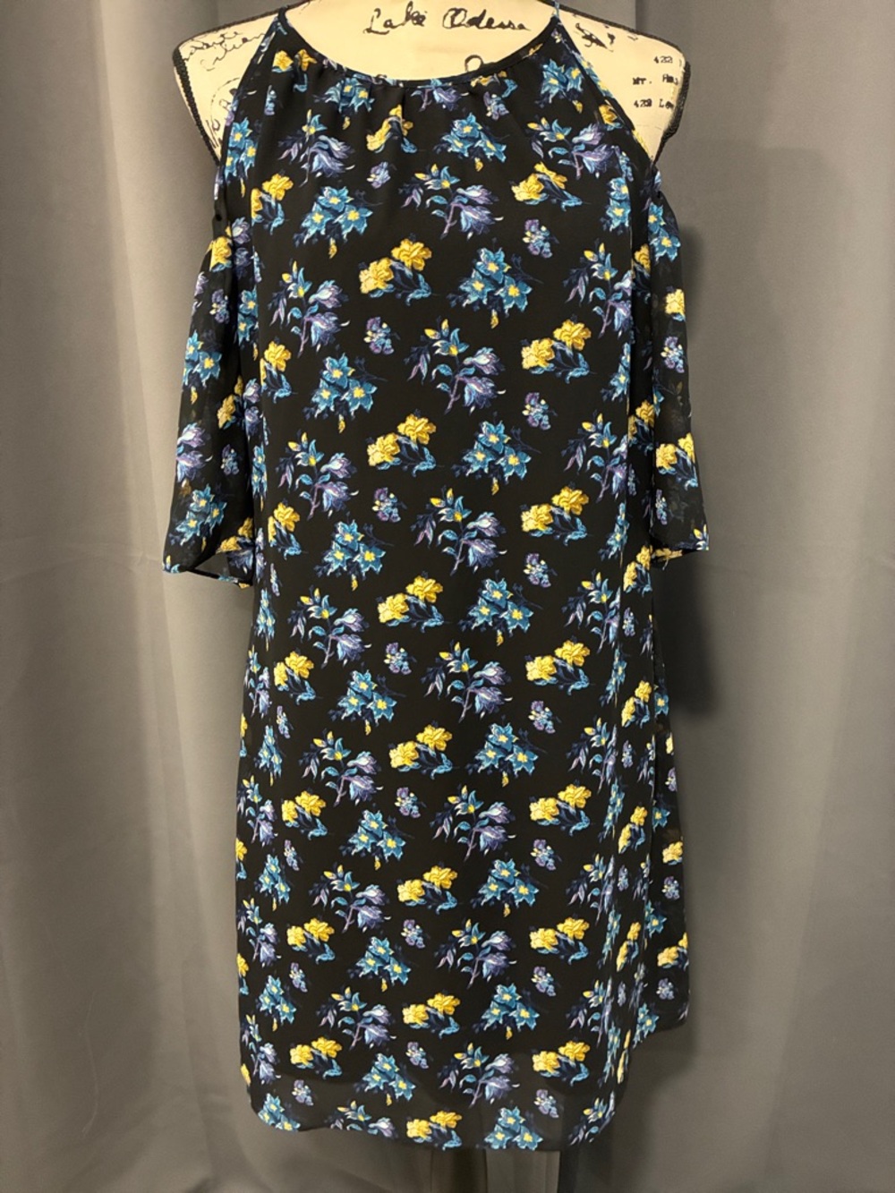 WHBM Cold-Shoulder Floral Shift Dress in Black with Blue & Yellow Print